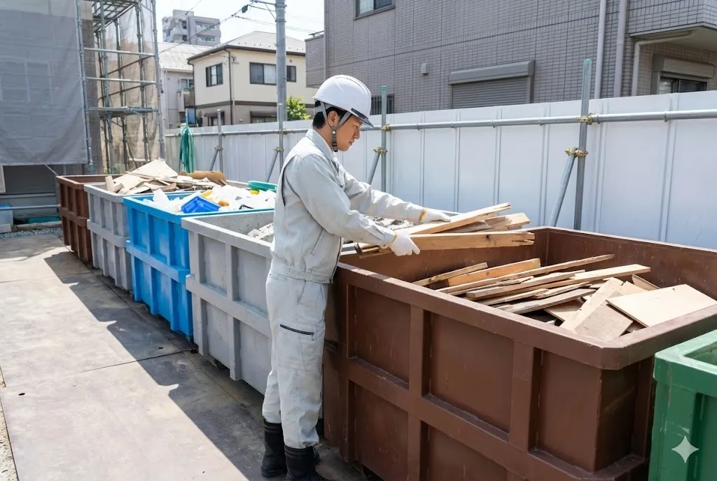 建設現場で種類別コンテナへ廃棄物を分別する作業員