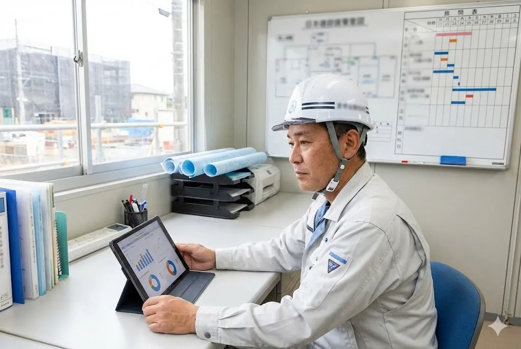 タブレット端末で廃棄物管理データを確認する現場監督