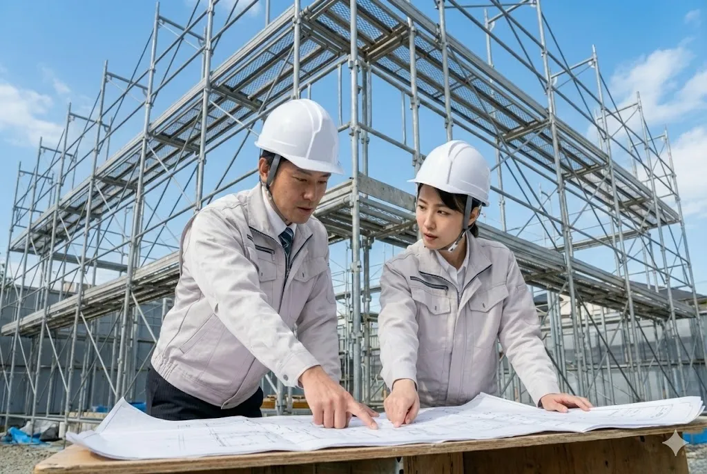 建設現場で図面を見ながら打ち合わせをする施工管理技士の男女