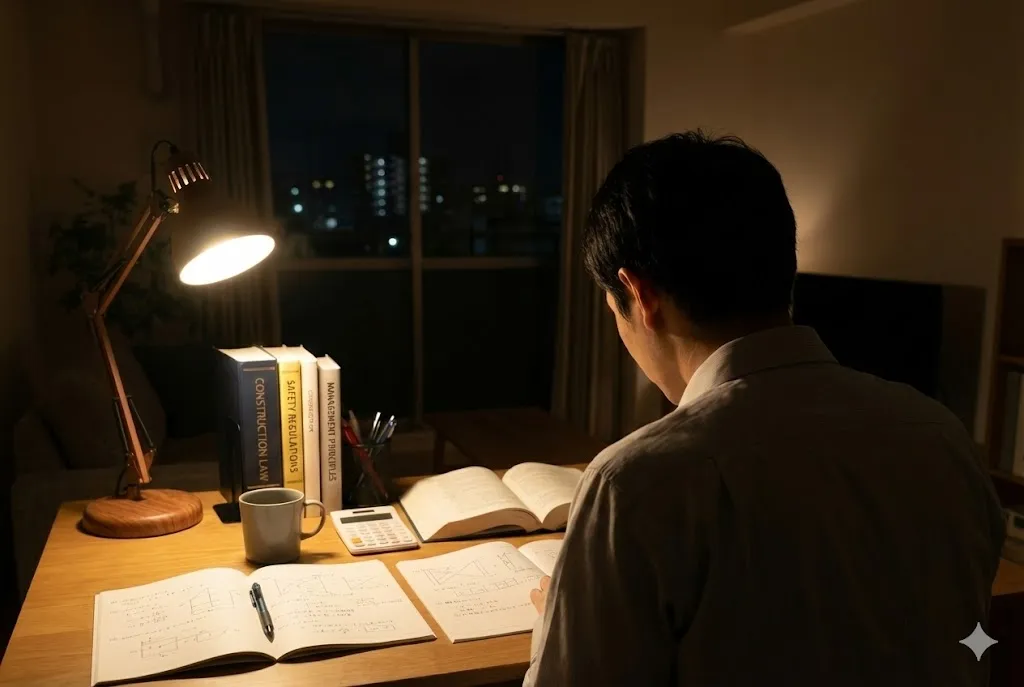 自宅で資格試験の勉強に励む男性の様子