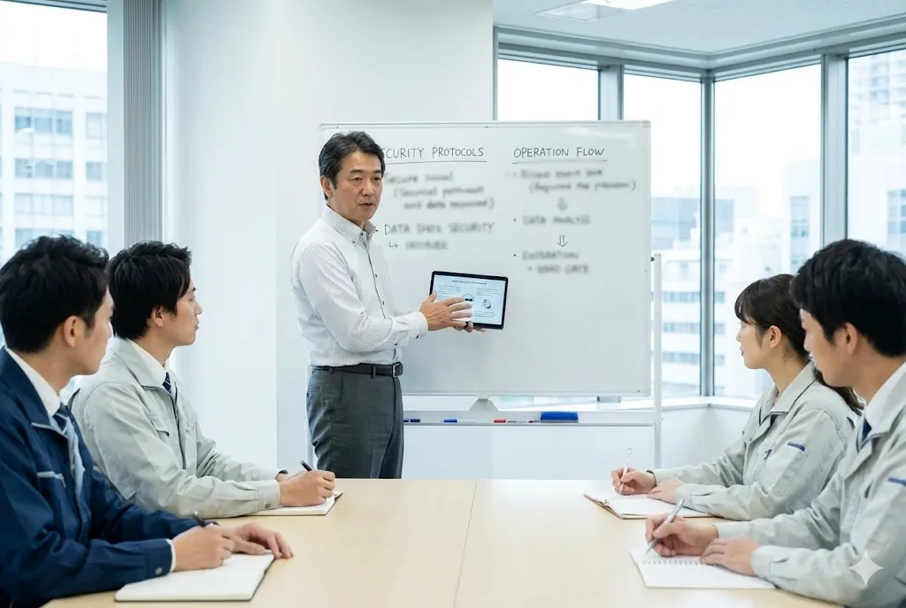 現場監督が作業員に対して工事写真管理アプリの導入研修を行っている様子