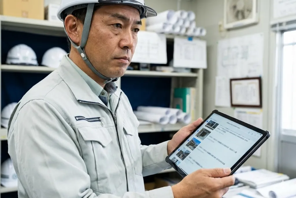 タブレットで工事写真台帳の整合性を確認する現場監督