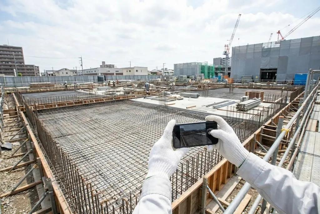 電子小黒板機能付きアプリで配筋検査の写真を撮影する様子