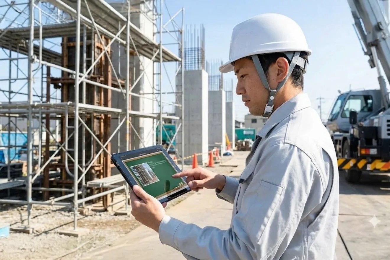 建設現場でタブレット端末の電子小黒板アプリを使用して工事写真を撮影・管理する現場監督