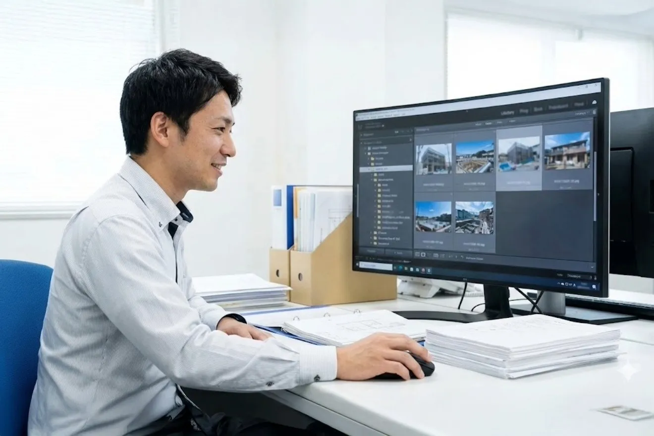 オフィスで電子納品ツールのエラーチェック機能を使ってデータを確認する担当者