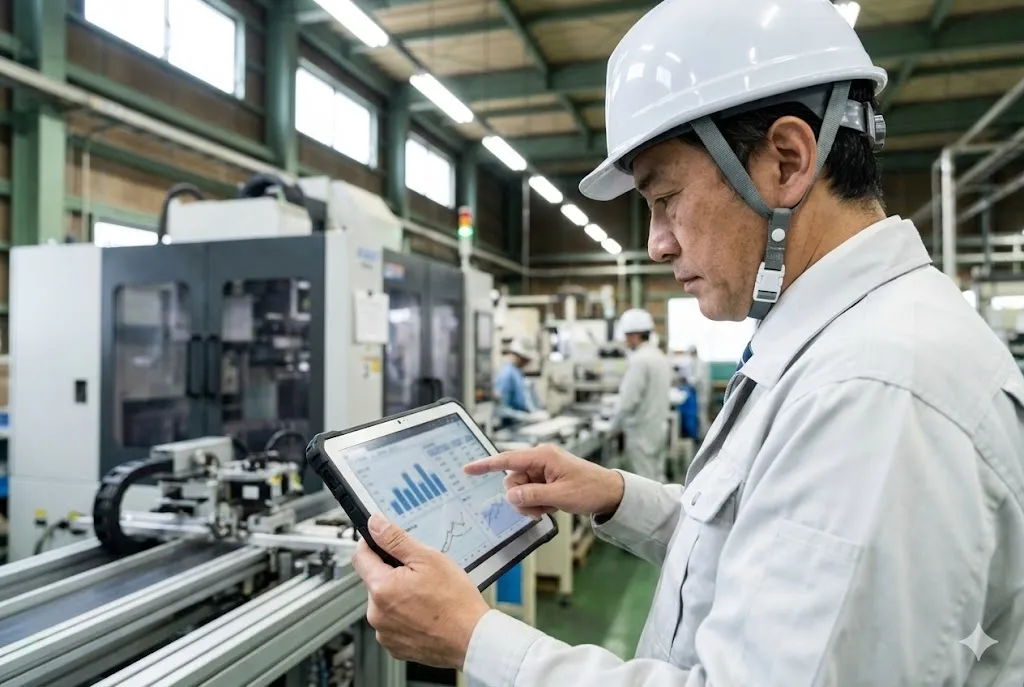 タブレットで工程進捗の数値データを確認する工場長