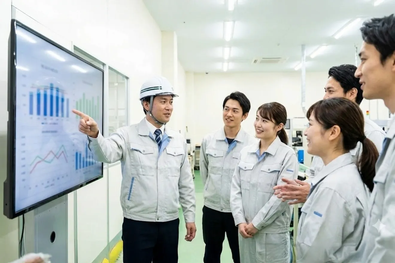 現場の大型モニターで工程の予実管理グラフを確認し改善を話し合う作業員たち