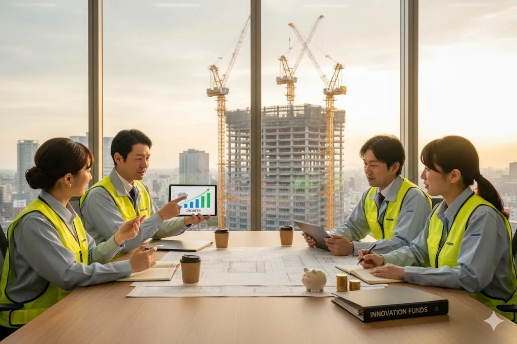 補助金の活用について会議する建設会社の従業員たち