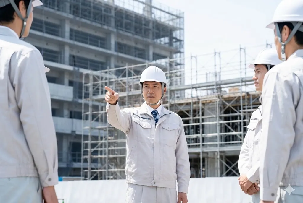建設現場で作業員に安全指導を行う現場監督