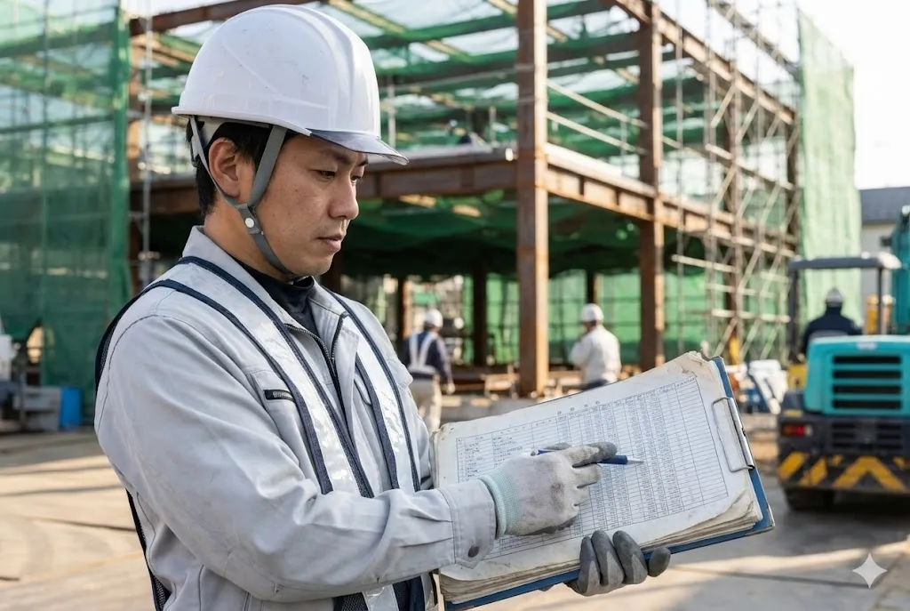 建設現場で原価管理の帳票を確認し進捗状況をチェックする現場監督