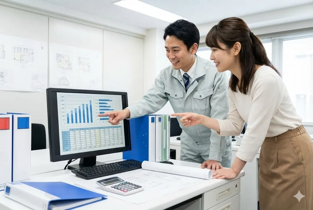 パソコン画面で原価管理データを確認し予実管理を行う建設会社のスタッフ