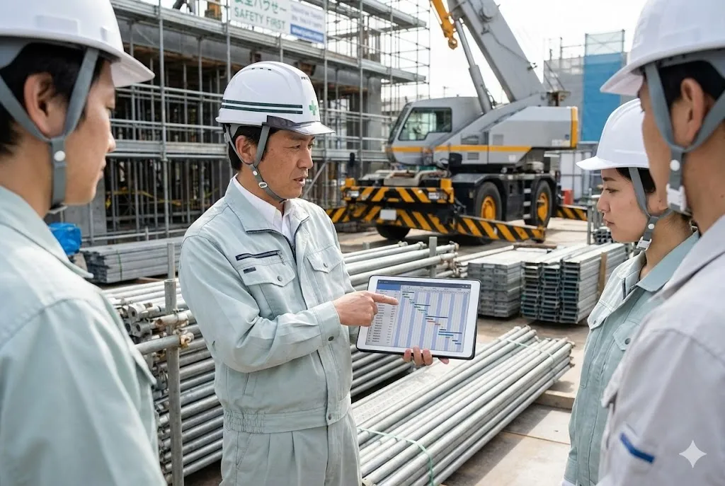 建設現場で施工計画について作業員と打ち合わせを行う現場監督