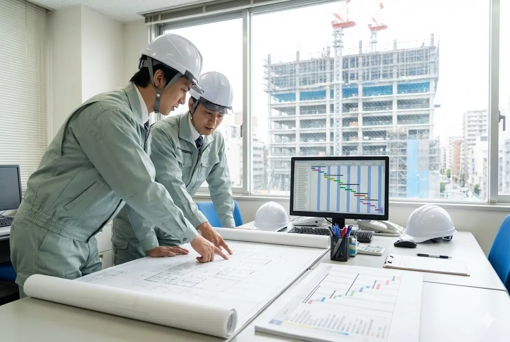 オフィスで施工計画の工程表を確認する施工管理技士