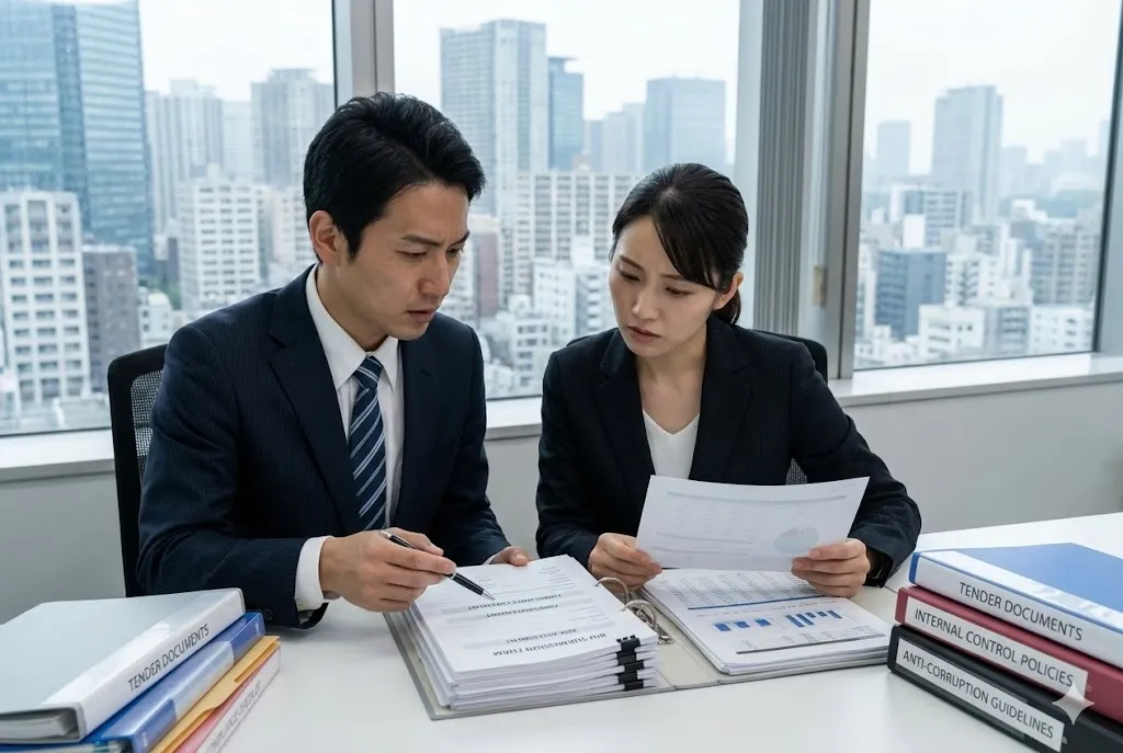 入札書類の不備やリスクを確認するビジネスマンたち