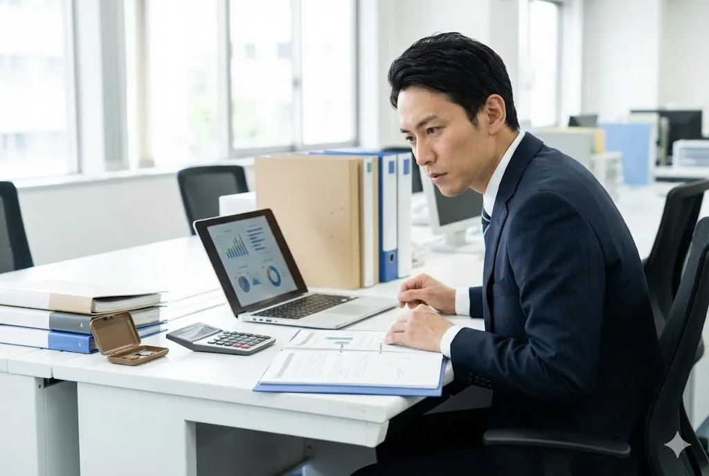 パソコンと書類を確認しながら補助金申請の準備を進めるビジネスパーソン