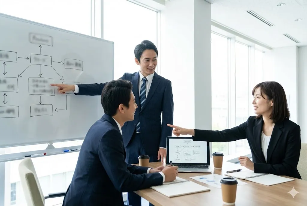 補助金申請のスケジュールと事業計画を確認するビジネスパーソンたち