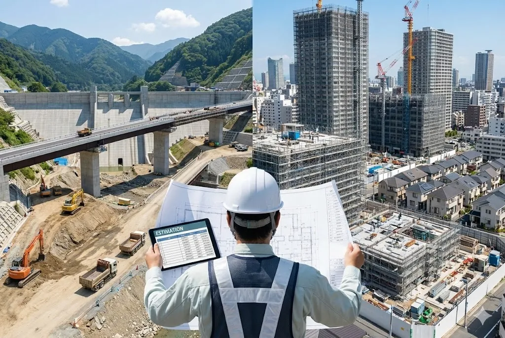 土木工事のダム建設現場と建築工事のビル建設現場の比較イメージ