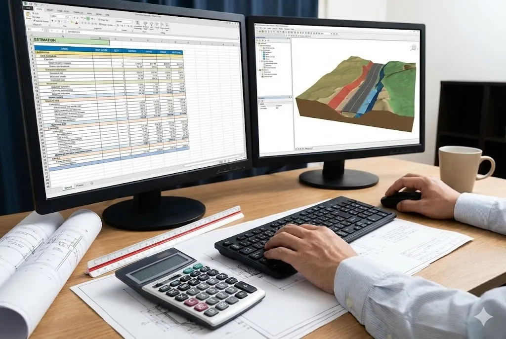 積算ソフトと3Dモデルを活用して土木積算を行う様子