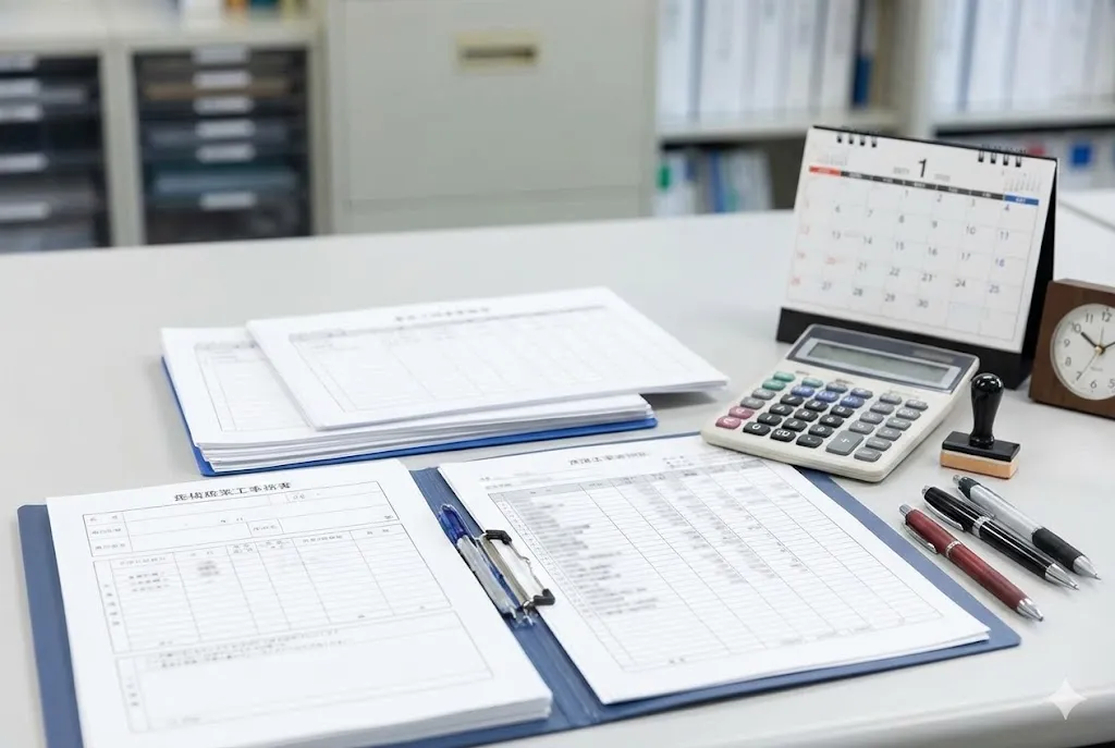 デスク上の建設業届出書類と計算用具