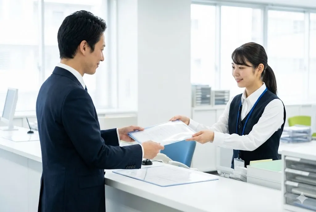 役所の窓口で建設業届出書類を提出する様子