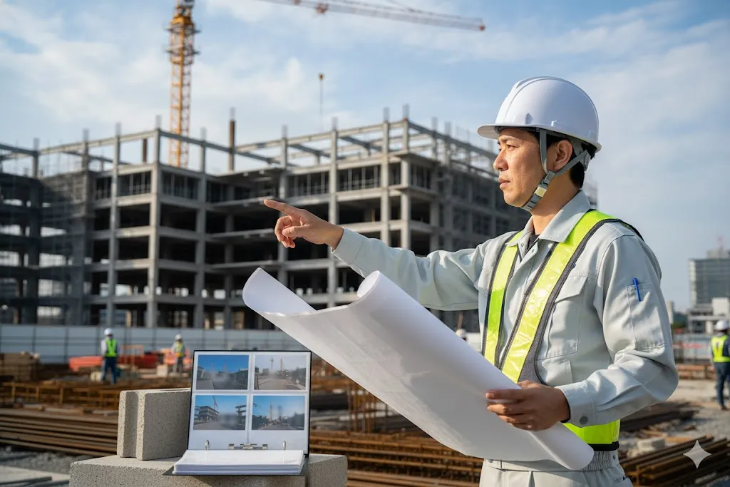 ヘルメットをかぶった建設技術者が図面を確認している様子