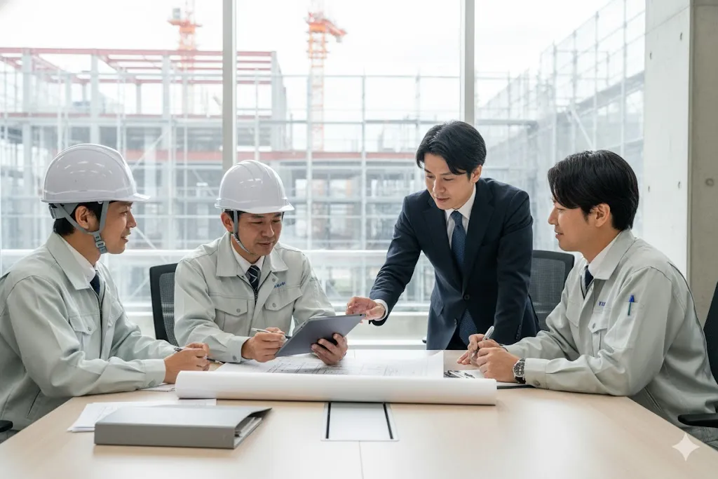 建設プロジェクトの関係者が集まり打ち合わせをしている様子