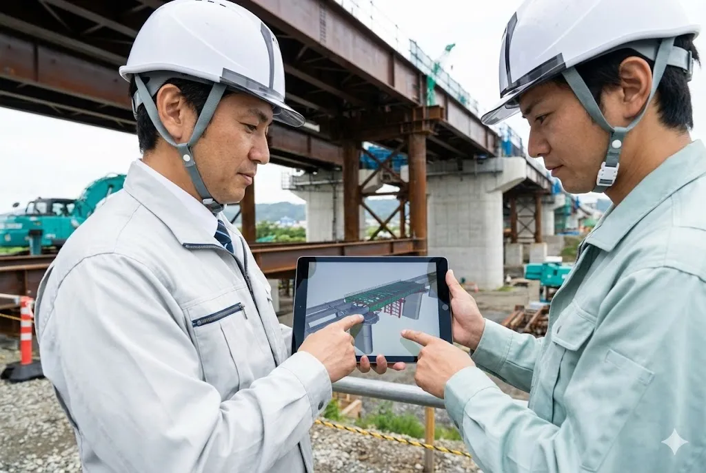 タブレットで3Dモデルを確認しながら打ち合わせをする建設現場の作業員