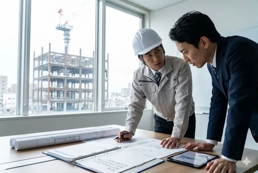 NETISの登録基準について書類とタブレットで確認する建設技術者