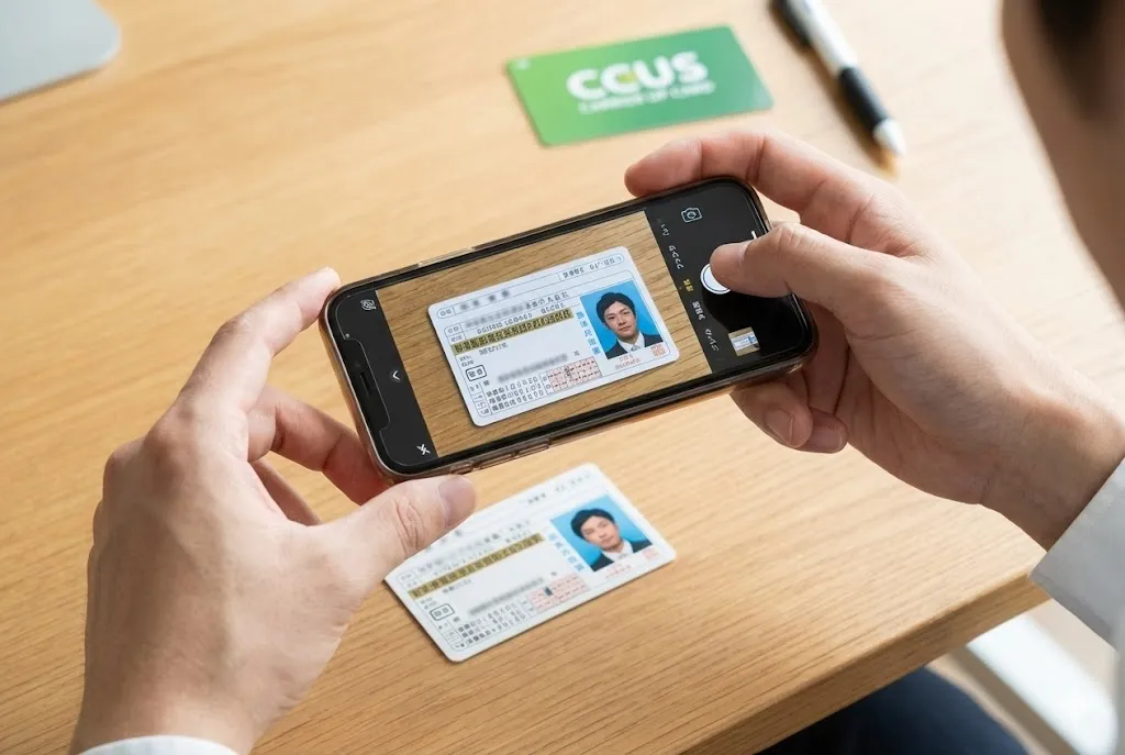机の上に置いた運転免許証をスマートフォンで真上から撮影している様子