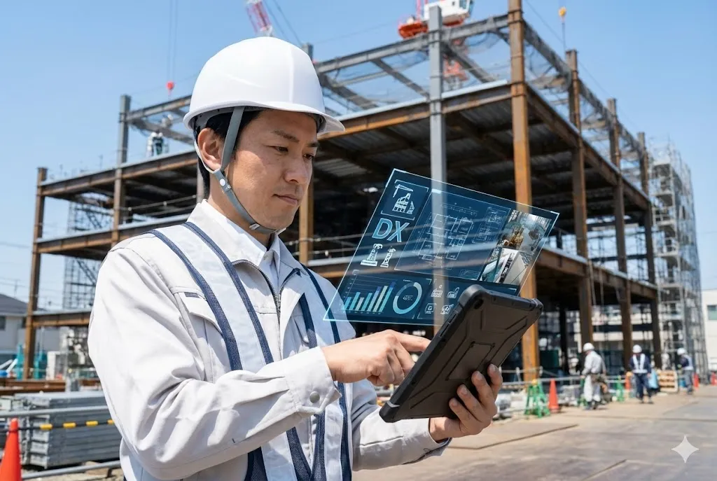 タブレットで施工管理システムを操作する現場監督