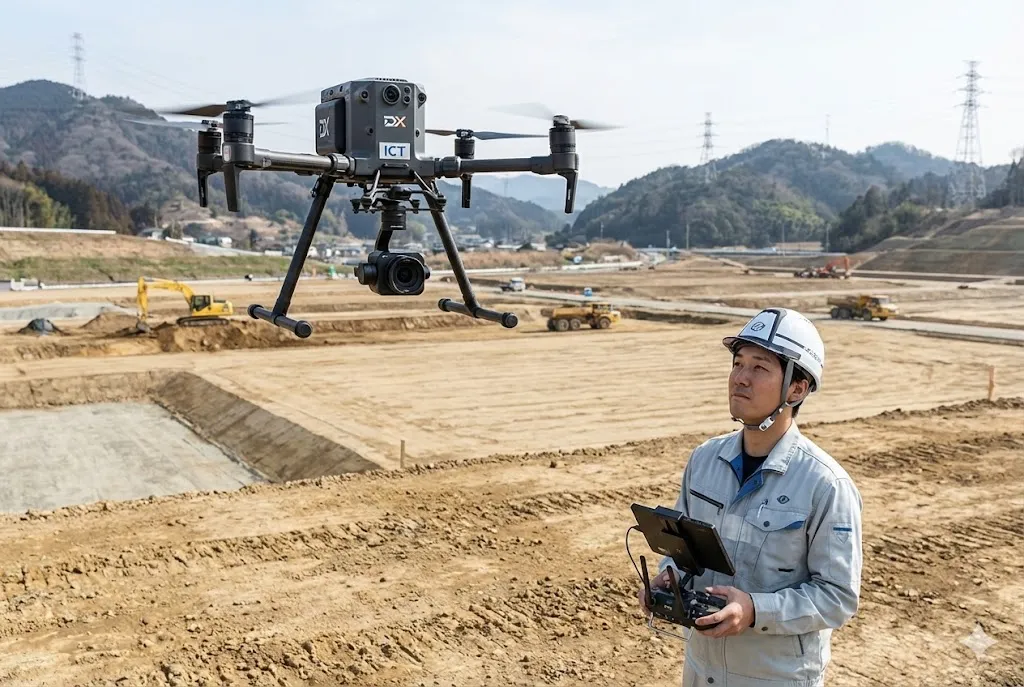 建設現場で測量を行うドローンと操作技術者