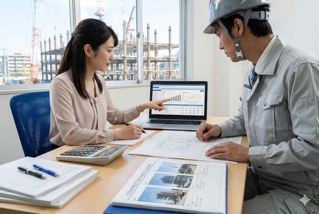 建設業の図面と会計ソフトの画面を照らし合わせる経理担当者と現場監督