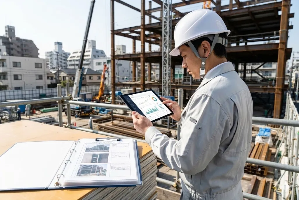 建設現場でタブレットを使って原価管理や会計状況を確認する現場管理者