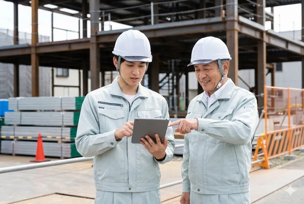 建設現場でタブレットを活用し、ベテラン社員から指導を受ける若手社員