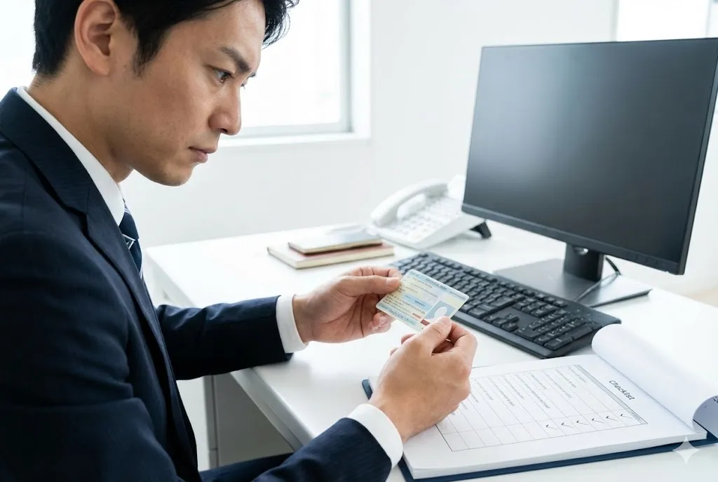 人事担当者が外国人応募者の在留カードを確認している様子