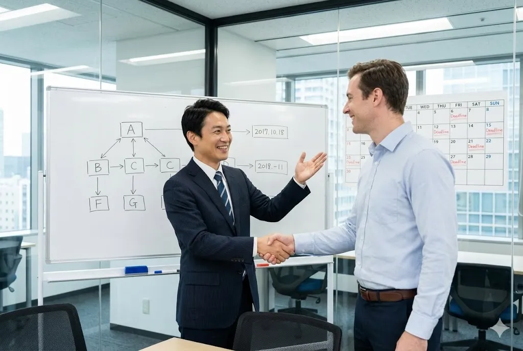 外国人スタッフとスケジュール確認を行いコミュニケーションをとる様子