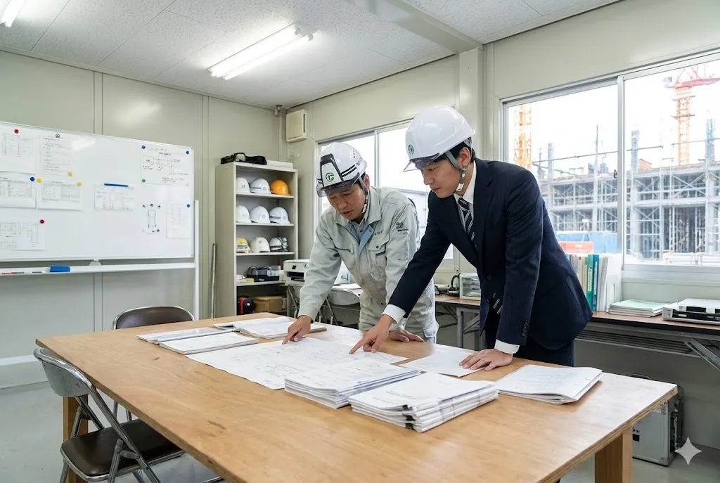 建設現場の事務所で書類を確認しながら打ち合わせをする一人親方と現場監督