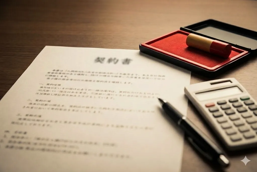 デスクの上に置かれた契約書と印鑑、筆記用具のクローズアップ