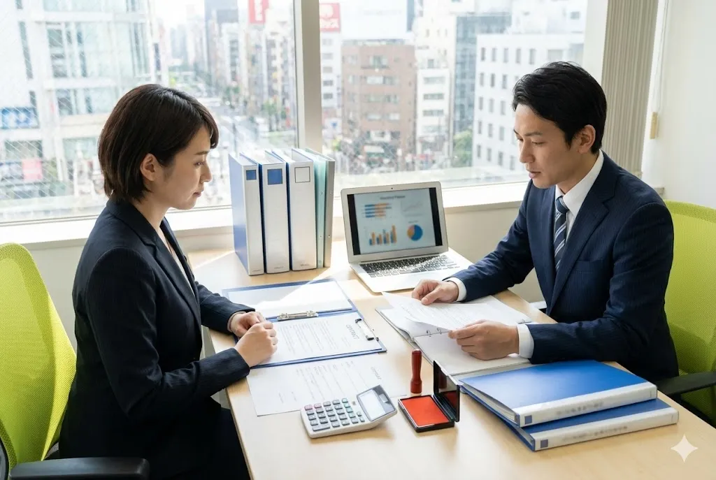 建設業許可申請の要件確認をする男女