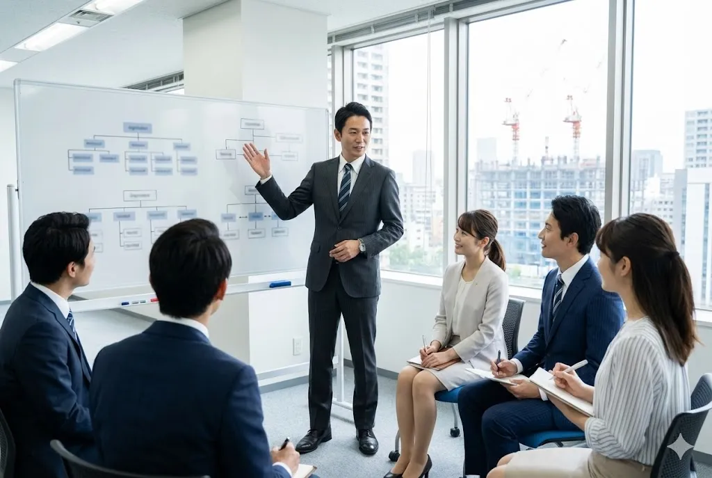 会議室で組織体制について議論する様子