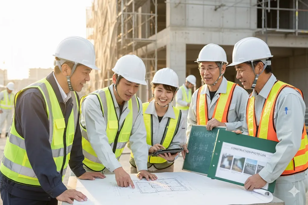 建設現場でチームとして協力し合う技術者たち