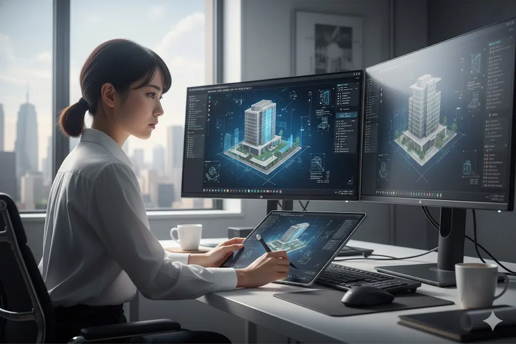 オフィスでBIM/CIMを操作する女性技術者