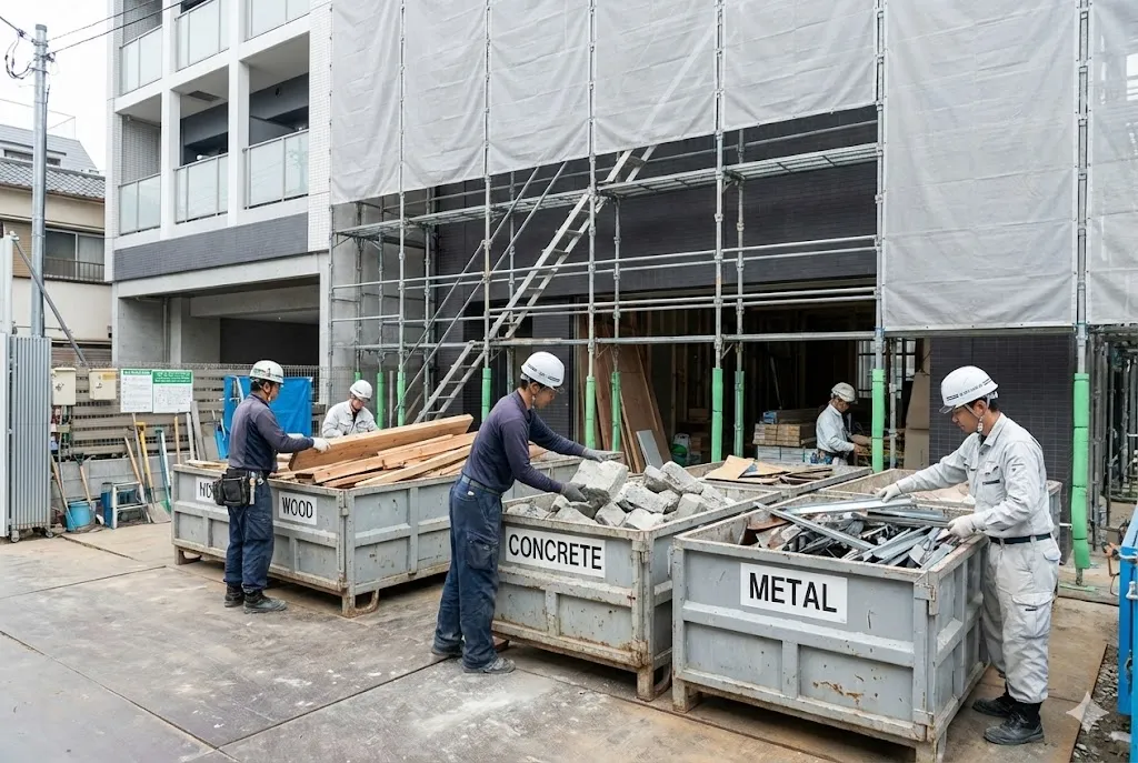 建設現場で資材を種類ごとに分別用コンテナへ入れる作業員の様子