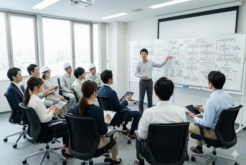建設会社の研修室でキャリア形成のための講義を受ける多様な社員たち