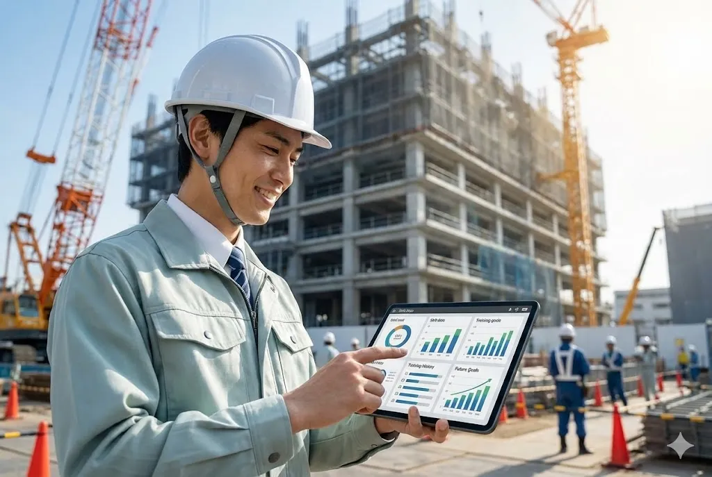 建設キャリアアップシステムで自身のスキル履歴を確認する若手技術者