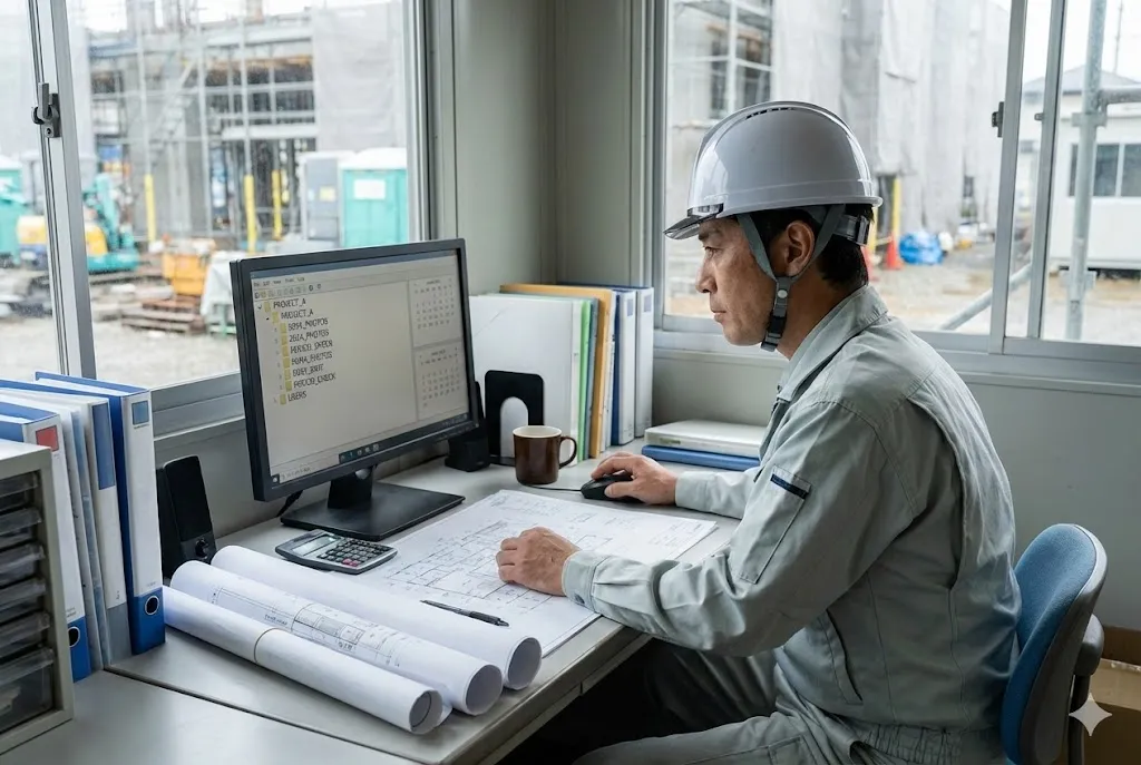 パソコン画面で工事写真のデータ保存期間と分類を確認する現場監督