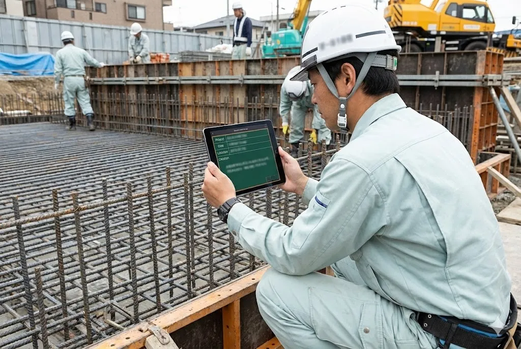 建設現場でタブレットの電子小黒板機能を使って撮影する作業員