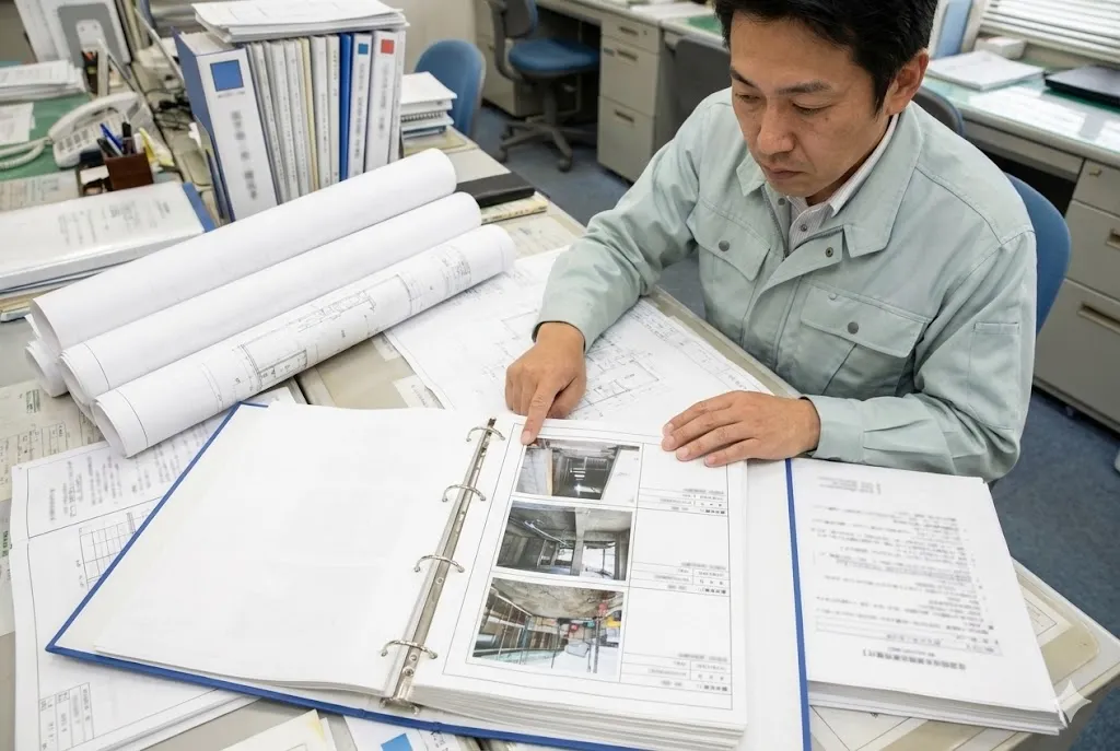 設計図面と工事写真台帳を照らし合わせて確認作業を行う現場監督