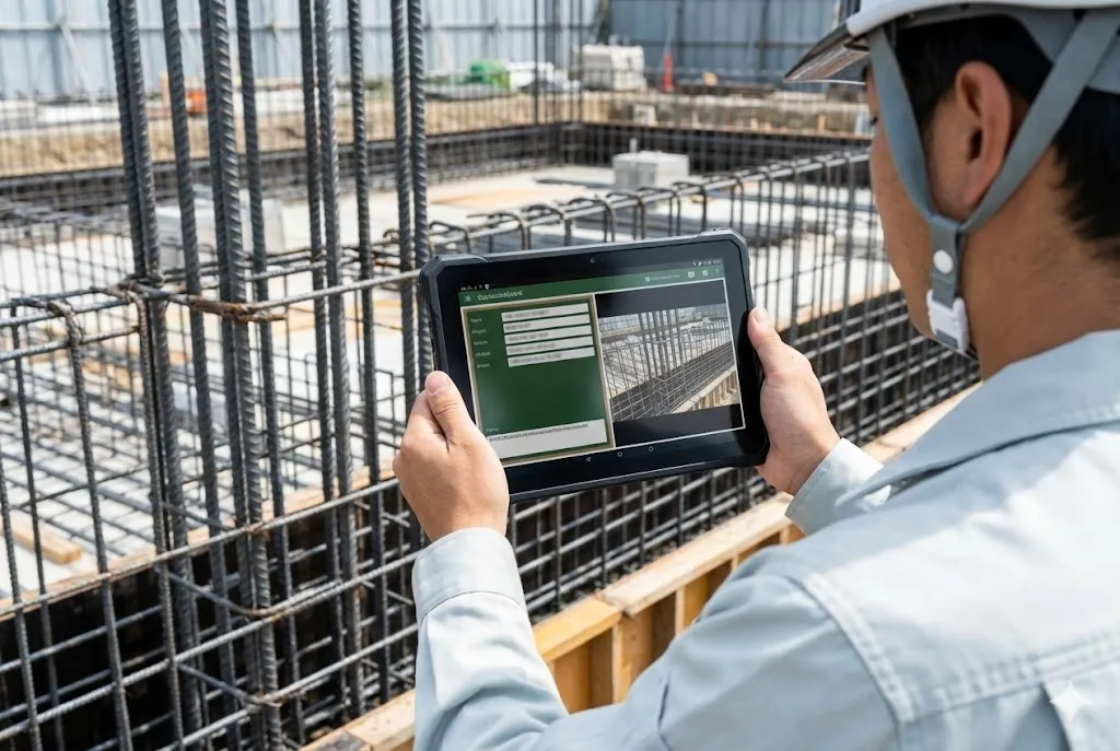 鉄筋の間隔をメジャーで計測しタブレットで電子小黒板撮影を行う作業員