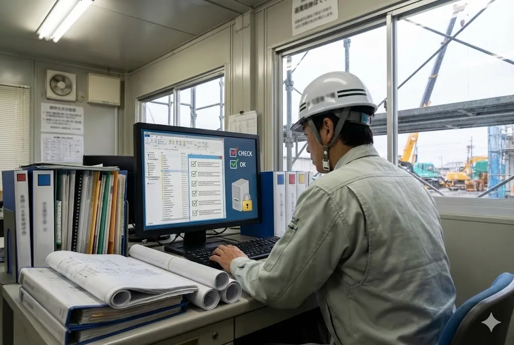 電子納品のデータ作成とチェック作業を行う現場監督